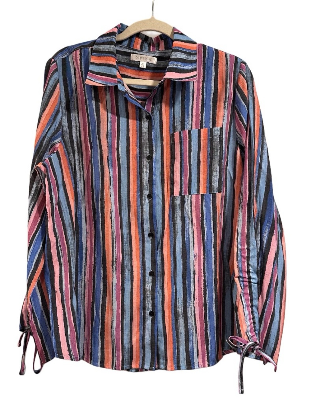 Daily Thread Multicolor Striped Button Down Top Ruched Tie Sleeves Rayon Blend L - Picture 3 of 14